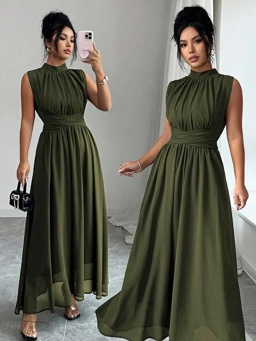 Women's Army Green Summer Elegant Tea Party Chiffon Stand Collar Criss-Cross Tie Waist A-Line Sleeveless Lined Maxi Dress Wedding Guest Formal Wear