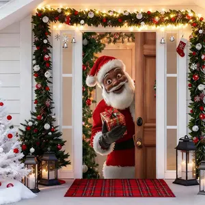 1pc Christmas Door Curtain Decoration Ideas: Santa-Themed Door Cover & Casing with Festive Patterns and Lights for a Warm Holiday Welcome