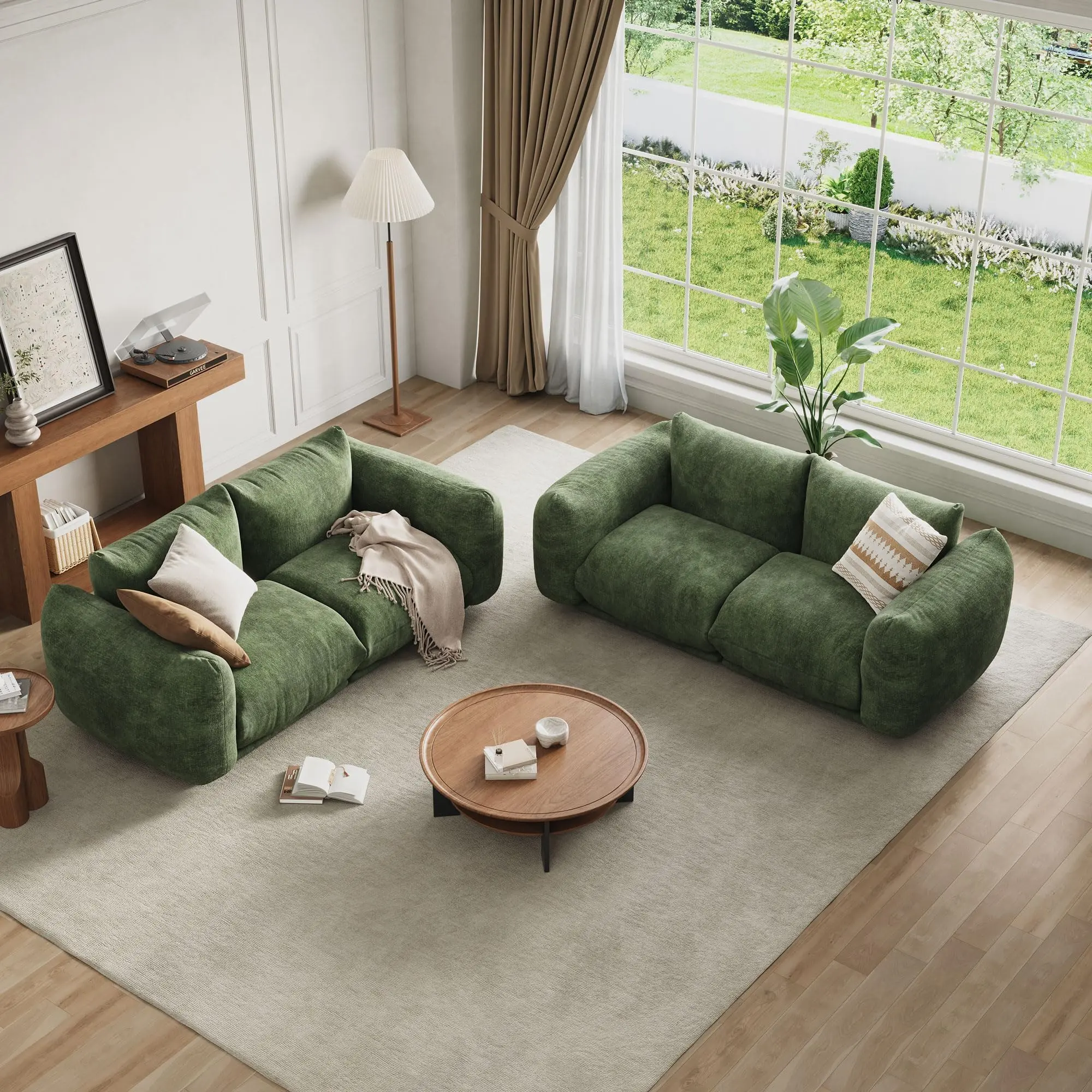 Modular Set of 2 Two-Seater Sofas, Soft Cloud Sofa in Chenille Fabric, Frameless Furniture with Deep Seat for Small Spaces and Living Rooms, Green