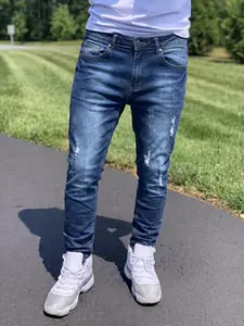 Men's Elastic Jean Slim Fit Deep Blue Jeans, Fashionable Daily Wear, Casual Long Pants, Button Fly, All Seasons