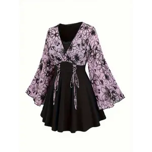 Women'S Elegant Floral Print Top with Drawstring Detail, Crew Neck, Knit Polyester Fabric, Slight Stretch, All-Season Wear