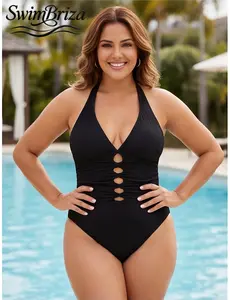 Briza｜Women's Ribbed One-Piece Swimsuit Black Halter Plunge Neck Cutout Front Crisscross Back Tie High Leg Bathing Suit for Beach Pool VacationEE