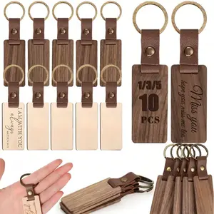 3/1 PCS-Wooden Keychain Blank with Leather Strap, DIY Engraving Material, Craft Wood Key Tags, Unfinished Wooden Key Rings, Gift Ideas