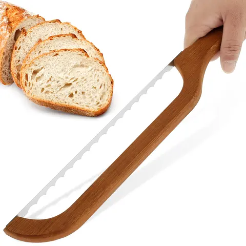 KHZSPP Arcuate Stainless Steel Serrated Bread Bow Slicer Dicer Cutter with Bamboo Grip, 15.7×2.4in Steel & Wood Portable Kitchen Bakeware Utensil, Crumbs Minimized for Adults’ Homemade Bagels Breads Pastries Bread Slicing