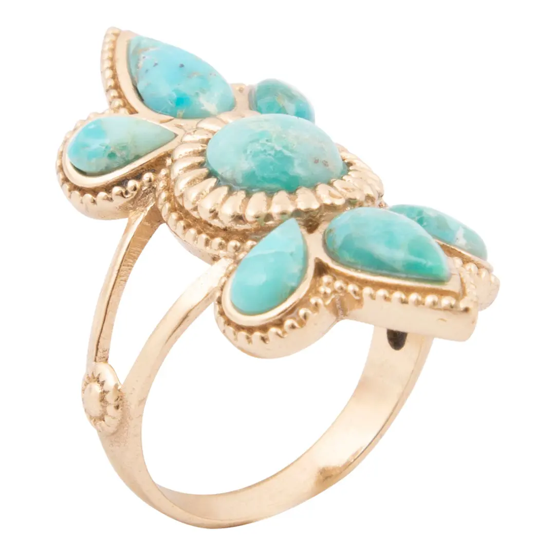 Blue Turquoise Sunburst Golden Statement Ring