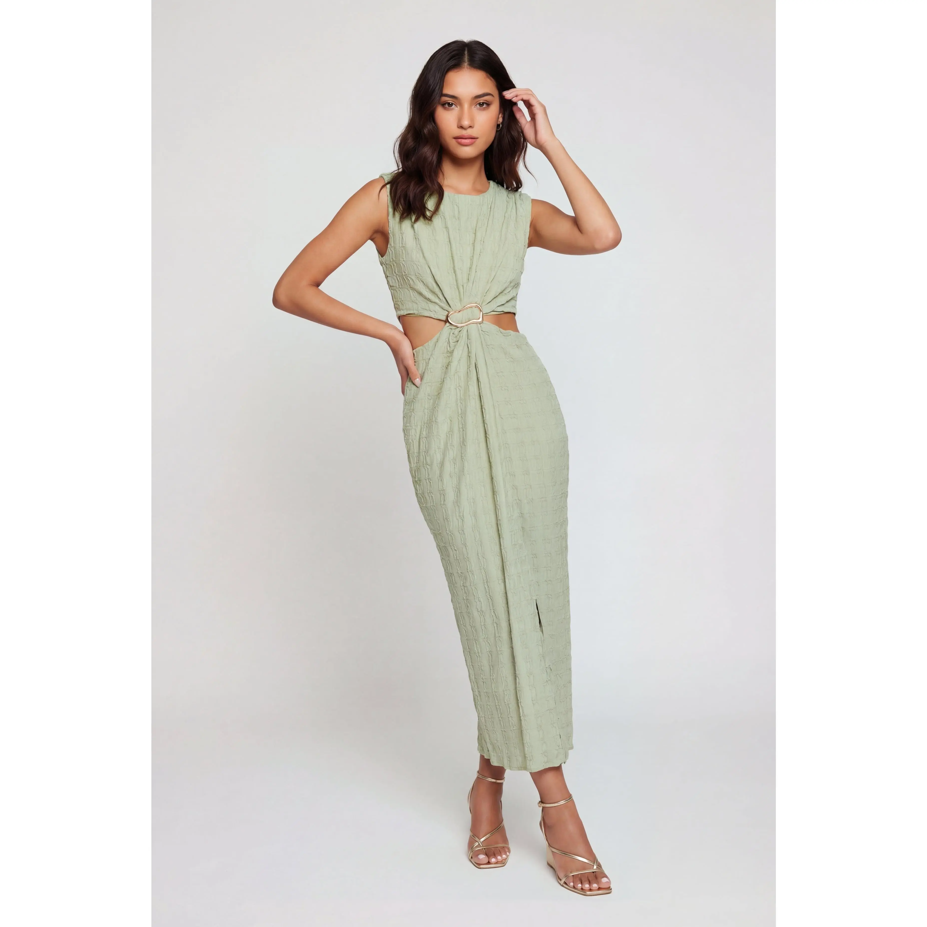 Textured Knit Metallic Buckle Cutout Side Maxi Dress