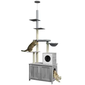 PawHut Floor to Ceiling Cat Tree with Hidden Litter Box Enclosure | 2-in-1 Space Saving Cat Tower with Condo, Hammock & Scratching Posts for Indoor Cats, Gray