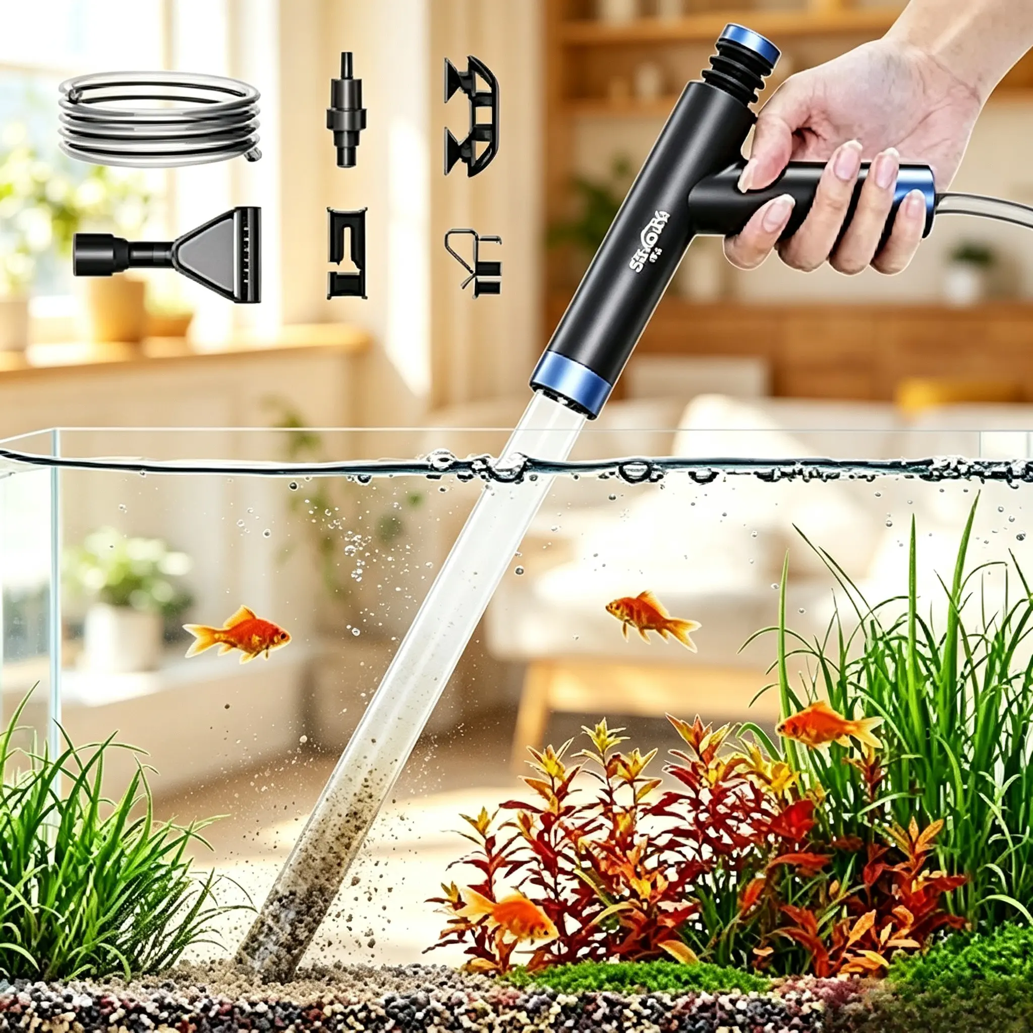 Manual Aquarium Siphon Pump Gravel Vacuum Cleaner Air Push Start Fish Tank Water Changer Hose Easy to Wash Sand & Remove Fish Poop Practical Aquarium Cleaning Tool for Beginner Fish Keepers & Daily Tank Care fine