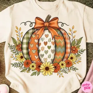 Fall Boho Floral Pumpkin Bow T-shirt, Preppy Floral Pumpkin , Vintage Bow Fall , Thanksgiving , Autumn , Fall Shirt