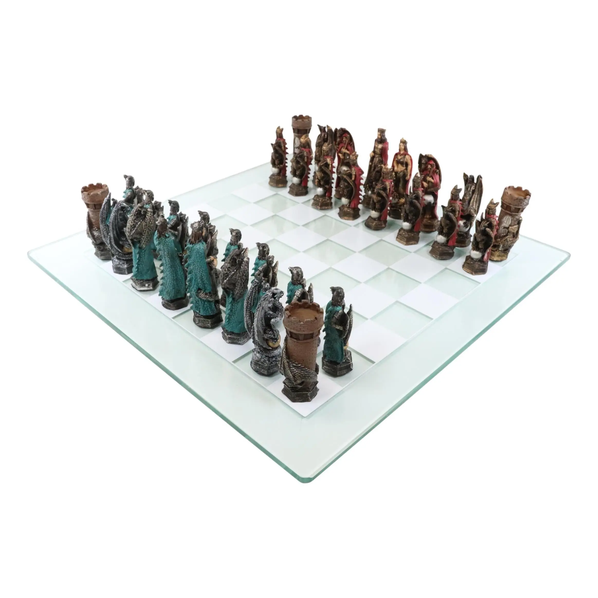 Ebros King Arthur Morgan Merlin Dragons Hand Painted Chess Pieces With Glass Board Set
