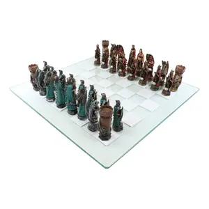 Ebros King Arthur Morgan Merlin Dragons Hand Painted Chess Pieces With Glass Board Set