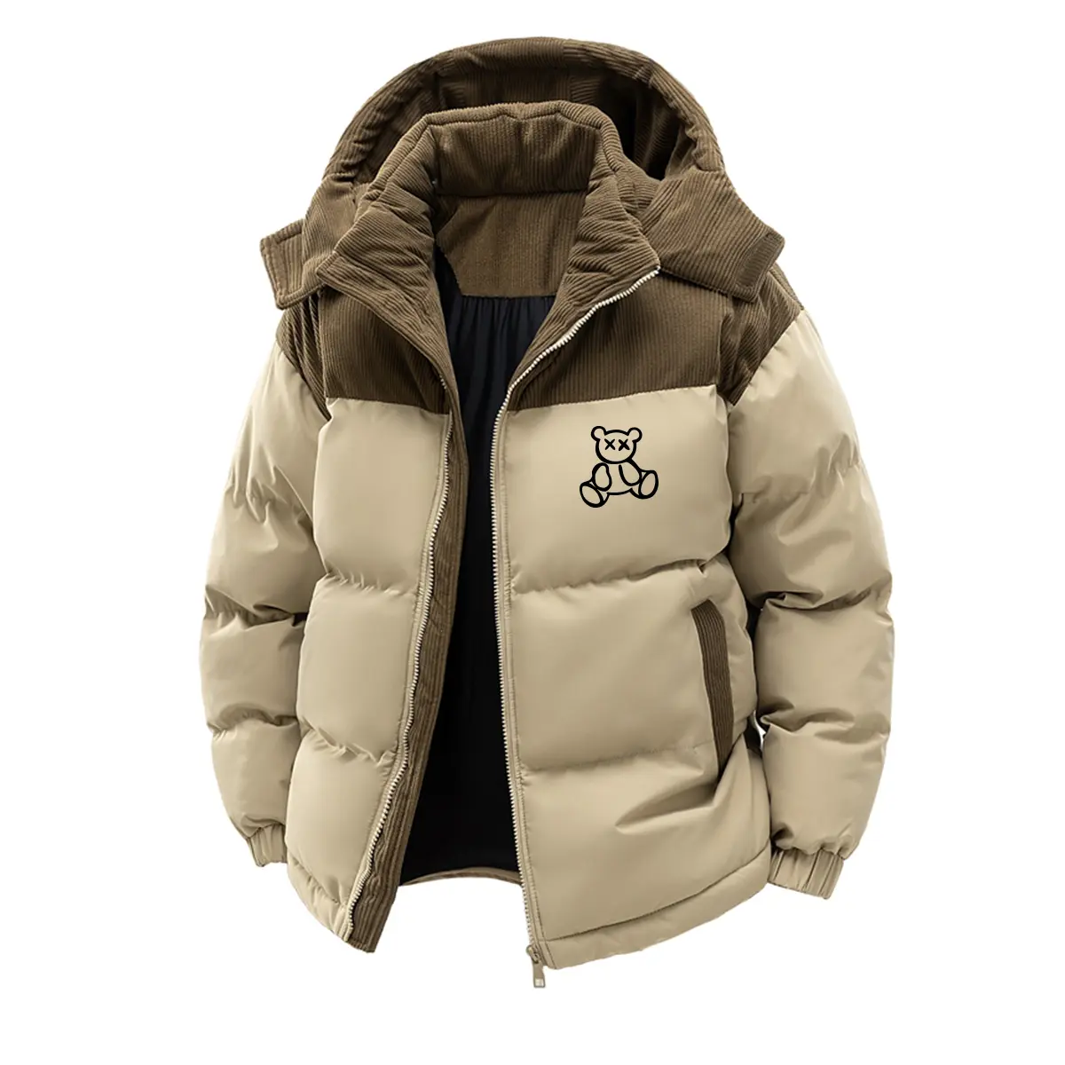 Men'S Casual Outdoor Alternative Jacket with Star Print - Lightweight Insulated Hooded Coat, Beige & Black, Polyester, Zip-Up Design for Cold Weather, Jackets for Cold Weather Menswear Tops Long Sleeve winter outfits men puffer jacket men heated jacket