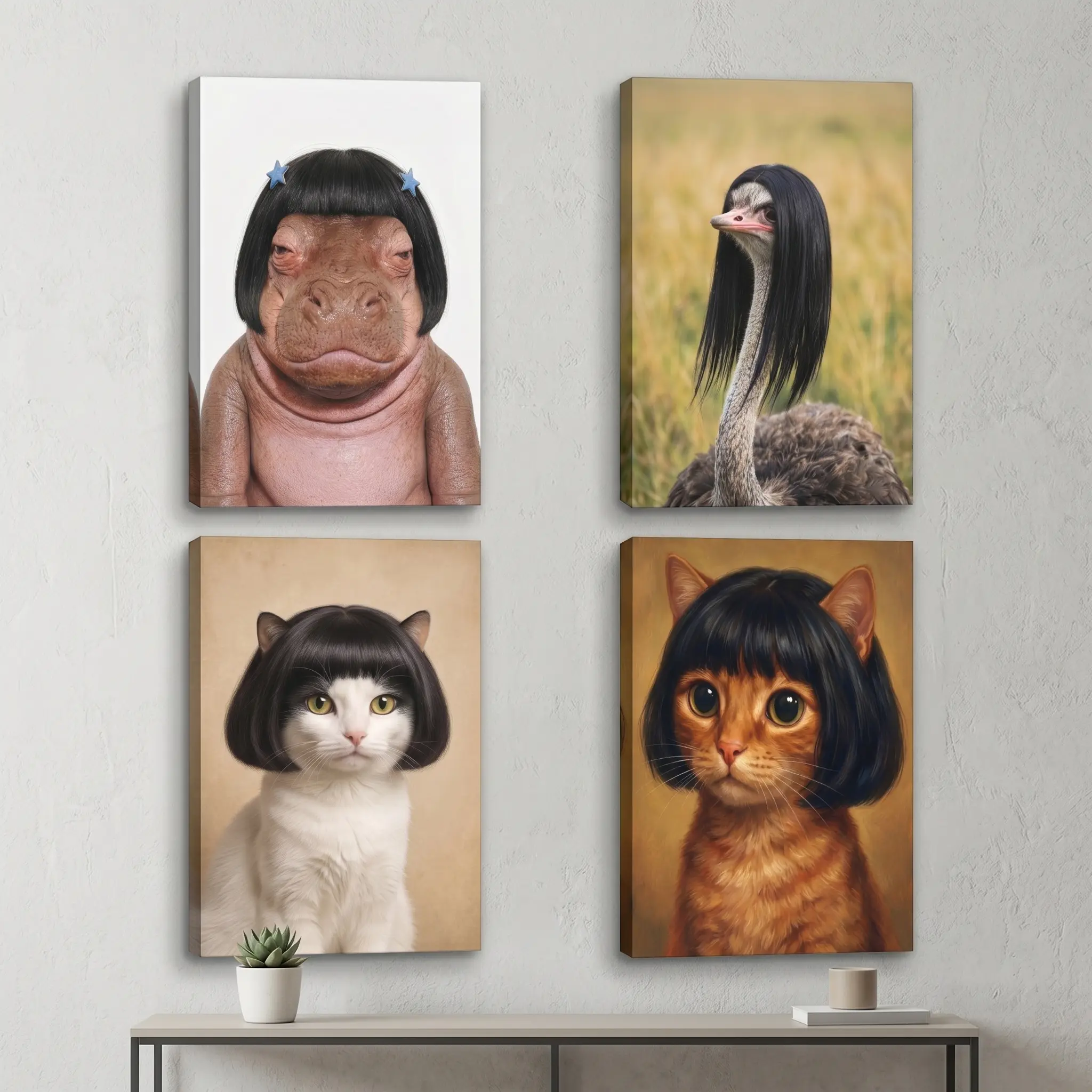 Hilarious Wig-Wearing Animals Canvas Wall Art | Quirky Bob Cut Cat, Hippo & Long-Hair Ostrich Portraits | Funny Meme Poster Room Decor for Living Room & Bedroom | Unique Humor Gag Gift