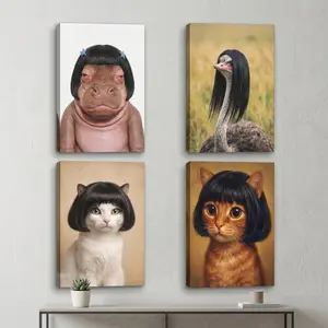 Hilarious Wig-Wearing Animals Canvas Wall Art | Quirky Bob Cut Cat, Hippo & Long-Hair Ostrich Portraits | Funny Meme Poster Room Decor for Living Room & Bedroom | Unique Humor Gag Gift tiktokshopspringglowup