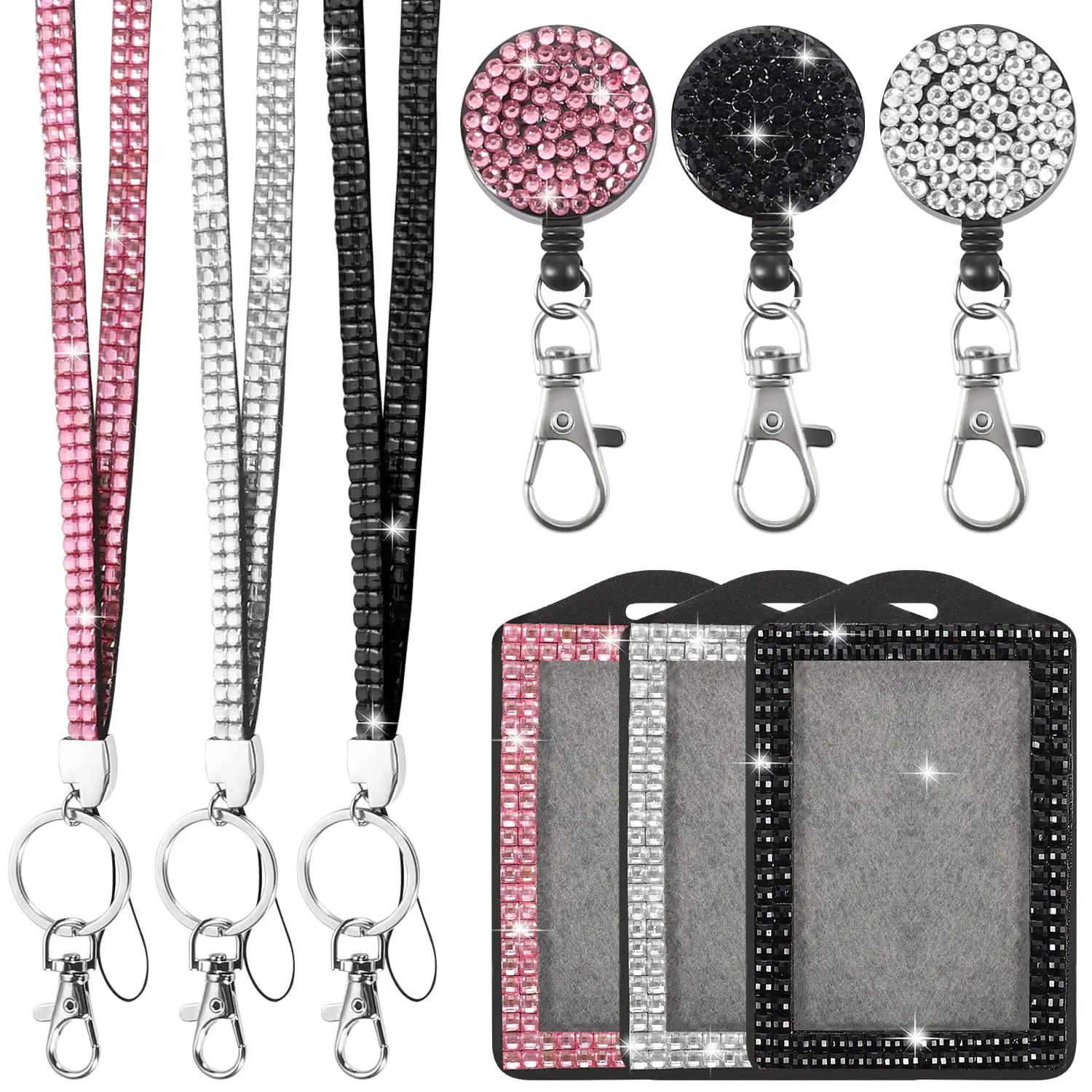 3 pack crystal retractable badge scroll Rhinestone Lanyard shiny ID card clip water diamond hanging rope for Women Office Nurse Teacher Beauty & Personal Care, Nurse Badge Reel, Badge Decoration