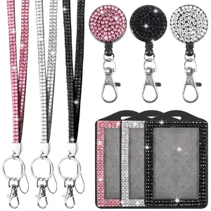 3 pack crystal retractable badge scroll Rhinestone Lanyard shiny ID card clip water diamond hanging rope for Women Office Nurse Teacher Beauty & Personal Care
