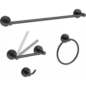 4 Pieces Bathroom Hardware Accessories Set (18-Inch Single Towel Bar, Towel Ring, Toilet Paper Holder, Double Towel Hooks) Matte Black Stainless Steel and Zinc Alloy Wall Mounted