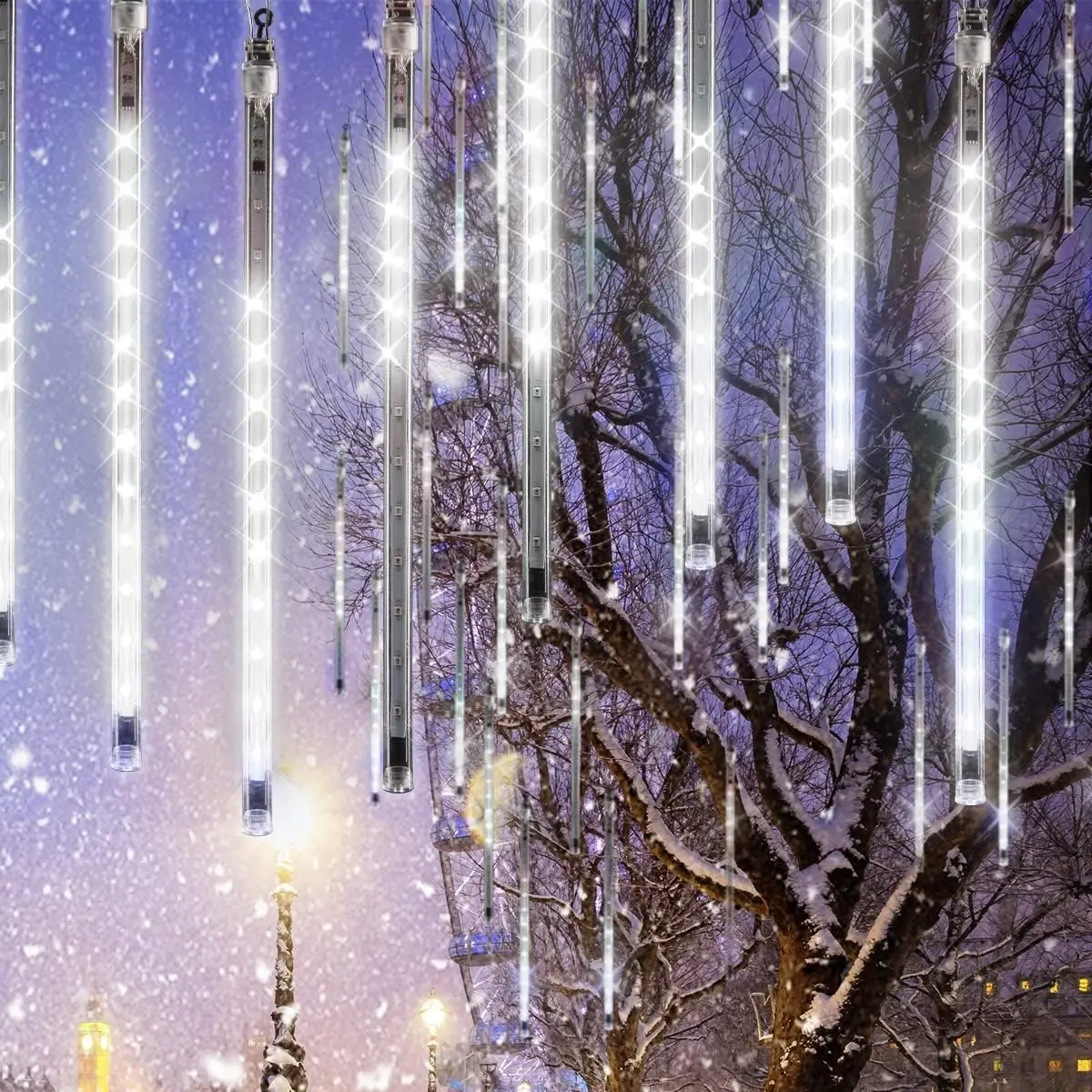 Flacchi Solar & Plug-in Meteor Shower Lights 20 Tubes 480 LED Raindrop Icicle Lights with Timer, Falling Rain Effect for Halloween & Christmas Decorations，Raindrop Lights Meteor Shower Icicle Lights are suitable for holiday parties