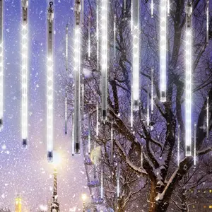 Solar & Plug-in Meteor Shower Lights – 10/20 Tubes 240–480 LED Raindrop Icicle Lights with Timer, Falling Rain Effect for Halloween & Christmas Decorations,Raindrop Lights Meteor Shower Icicle Lights are suitable for holiday parties