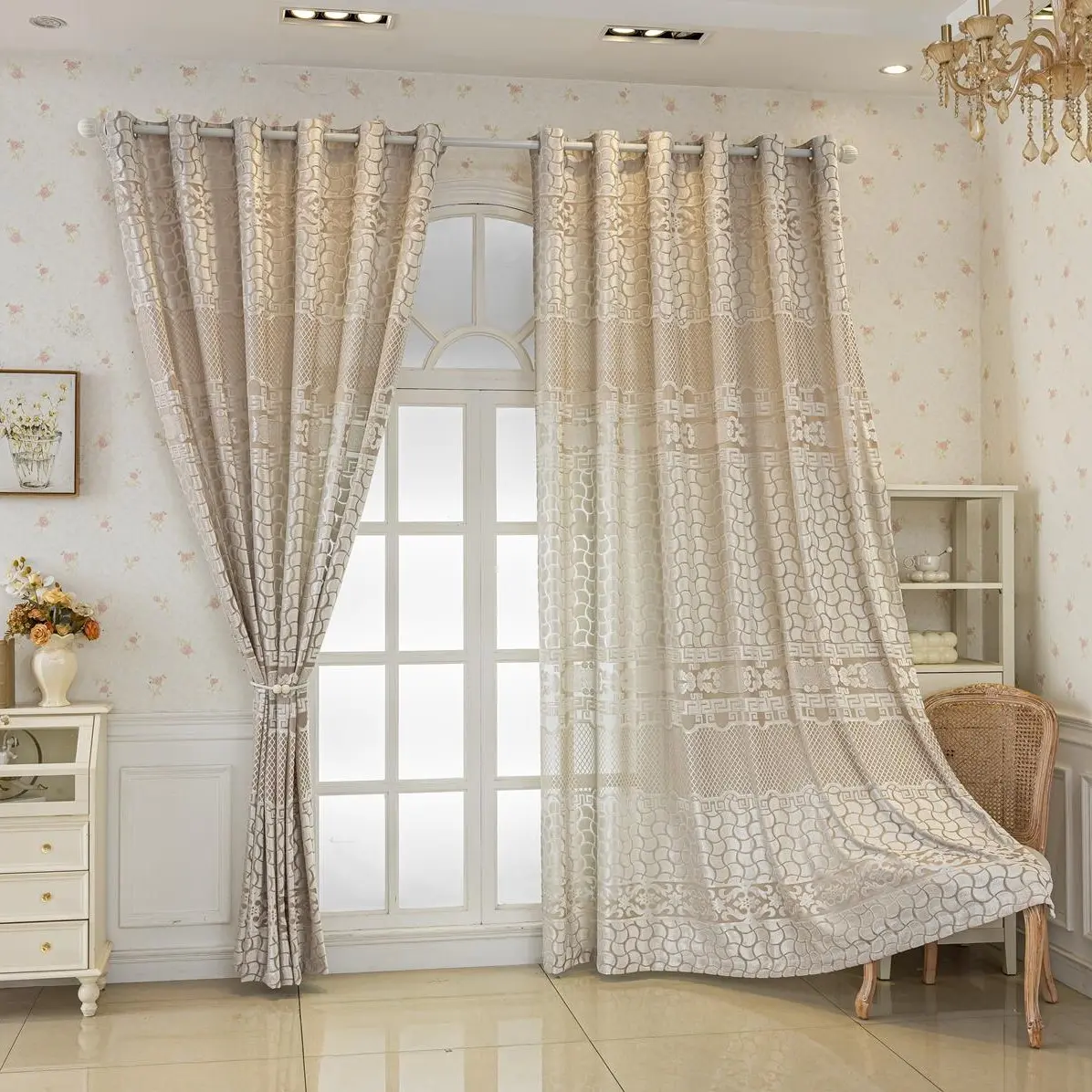 2pc Champagne Gold Geometric Embroidered Curtains, Modern Luxurious Style Bedroom Living Room Light Blocking Heat Insulation Privacy Protection