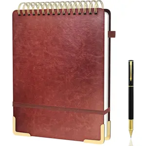 A4 Top Spiral Notebook, Large Leather Hardcover Top Bound Steno Pads, 240 Pages 100 gsm Thick Lined Paper Left Handed Notebook Journal for Work, School, Meeting Writing - Brown, 8.5" x 11"
