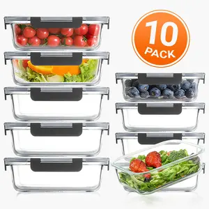 10 Pack Glass Meal Prep Containers Set, lunchbox, Kitchen Food Storage with Lids Airtight, Utensils Stackable, Microwave,Oven,Freezer,Dishwasher Safe Fridge Organizer