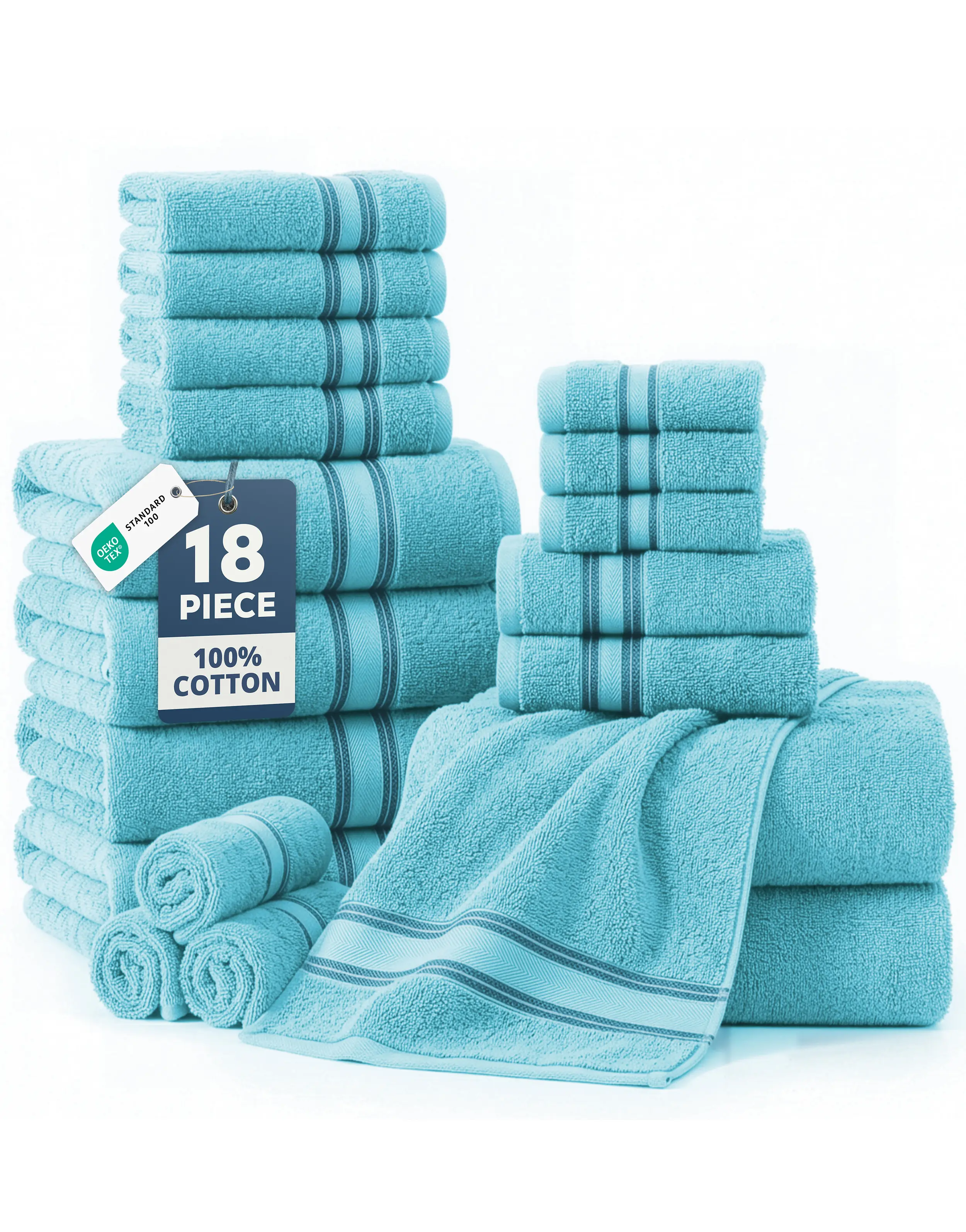 LANE LINEN 18-Piece Cotton Bath Towel Set - 6 Bath Towels, 6 Hand Towels, 6 Washcloths, Soft Absorbent 550 GSM Towels, OEKO-TEX Certified, Quick Dry Bathroom Set