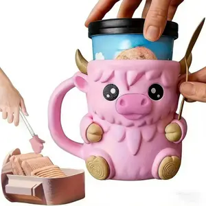 Highland Cow Ice Cream Cup Holder Set, Reusable 3D Printed Cups, Hidden Snack Storage Drawer, Multi-Purpose Beverage Cooler, Party Accessories, Funny Mug