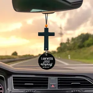 Bible Verse Car Rearview Hanging Cross Ornament "I Am With You Always" Carving Hand-Sanded Christian Accessory for Car Mirror Decor Spiritual Touch Ideal Gift for Holidays - Car Hanger Ornament Automotive