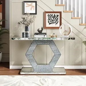 Sparkling Crystal Hexagon Mirror Entryway Console Table - Premium Modern Foyer with Diamond Glass Effects Dual-Tier Luxury Sofa Table 55L x 14.17W x 31.5H summervibes, Entryway Table, Console Table Entryway