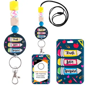 Teacher Lanyards for ID Badges - Cute Pencil Silicone Beaded Breakaway Keychain Accessories Teacher ID Badge Holder with Lanyard for Teachers Women Office Gifts Lanyard for Keys Back to School Gift