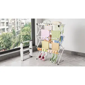Foldable Chrome Laundry Drying Rack,Foldable Clothes Drying Rack - 3-Tier Laundry Drying Rack, Collapsible Metal Indoor Airer, Portable X-Type Clothing Dryer with Shoe Hanger for Home & Balcony (No Assembly Required)