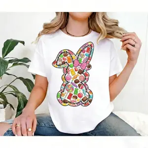 Women Casual Round Neck Short Sleeve T Shirt Featuring Easter Bunny with Pink Bow and Colorful Swirls Print Perfect for Spring Festival and Casual Everyday Comfort