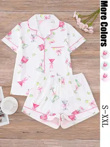Women's All Over Cocktail Print Button Front Shirt & Elastic Waist Shorts Pyjama, Casual Comfy Short Sleeve Top & Shorts PJ Set, Ladies Sleepwear for All Seasons, Loungewear, Sleepwear Pajamas Set