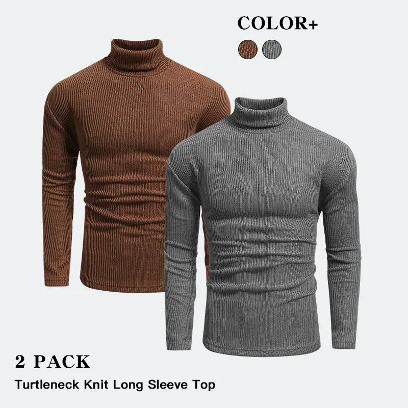 Men 2Pcs Everyday Vertical Ribbed Turtleneck Knit Tops Slim Casual Shirts For Casual Meetups And Cool Winter Evening Outings