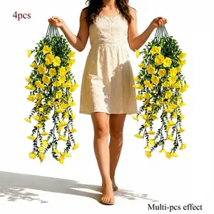 4 Large-Sized Spring Yellow Trumpet Flower Simulated Morning Glory Decorations, Artificial Plant Hanging Flowers | Decorated with Bright Flowers And Eucalyptus Leaves | No Required | Maintenance-Free Artificial Flowers