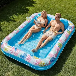 Tanning Pool Lounger Float, 87" x 63" Pool Floats Adult with Headrest & Drink Holder, Blow-Up Bed Sun Tan Tub for Sunbathing, Beach, Backyard, Outdoor, Summer Water Party (Blue-XL)
