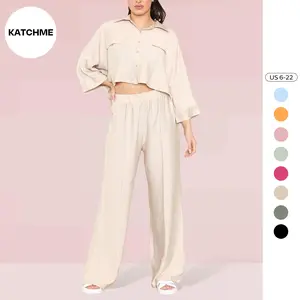 KatchMe Women's Casual Collared Long Sleeve Cropped Shirt & High Waist Wide Leg Trousers Co-ord, Minimalist Two Piece Sets Womenswear