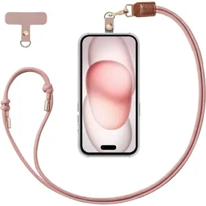 Phone Lanyard, 1x Customizable Crossbody  Phone Strap, 1x Removable PU Leather Tab, Hands-Free Holder for Cell Phones, Earphones, Badges & , Travel Essentials Accessories (Rose )
