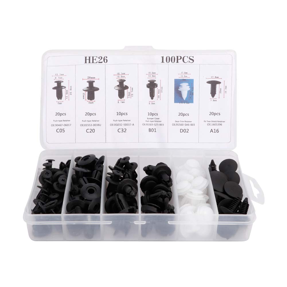 HE26 100-pcs universal expansion bolt clamp set, suitable for car mudguards, fenders, and door panel clamps. (C05 C20 C32 B01 D02 A16 Automotive Parts)