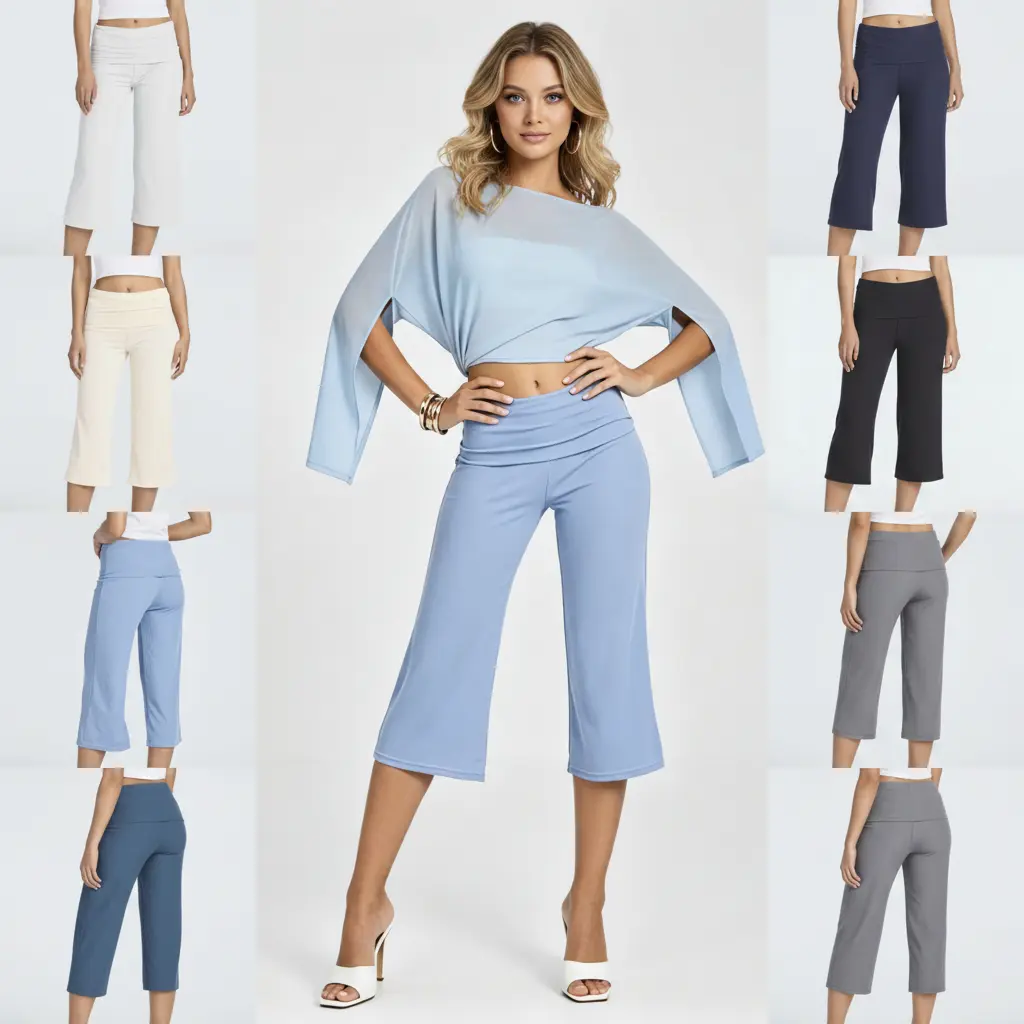 Women's High Waisted Wide Leg Capri Pants, Casual Stretch 3/4 Length Cropped Trousers with Elastic Waist for Summer