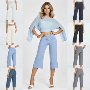 Women's High Waisted Wide Leg Capri Pants, Casual Stretch 3/4 Length Cropped Trousers with Elastic Waist for Summer