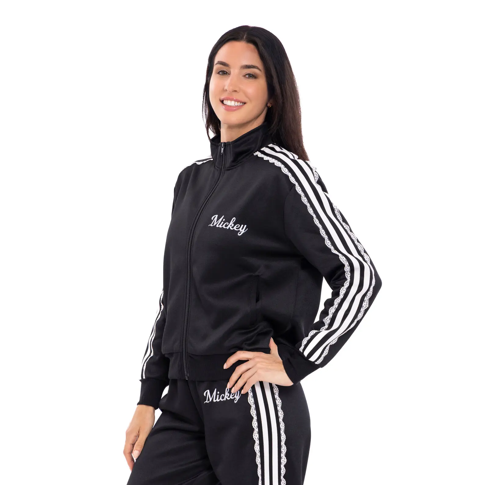 Disney Mickey Mouse Girls' Retro Streetwear Casual Sporty Graphic Zip-Front Track Jacket, Black Tops