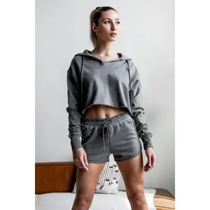 Grey Raw Edges Cropped Hoodie and Bottom Sets