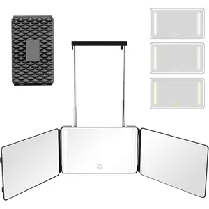 3 Way Mirror with LED Lights & 360° View,See Back of Head Trifold Barber Mirror for Self Haircut, Shaving & Braiding, Travel with Hook for Home,Men & (Black)