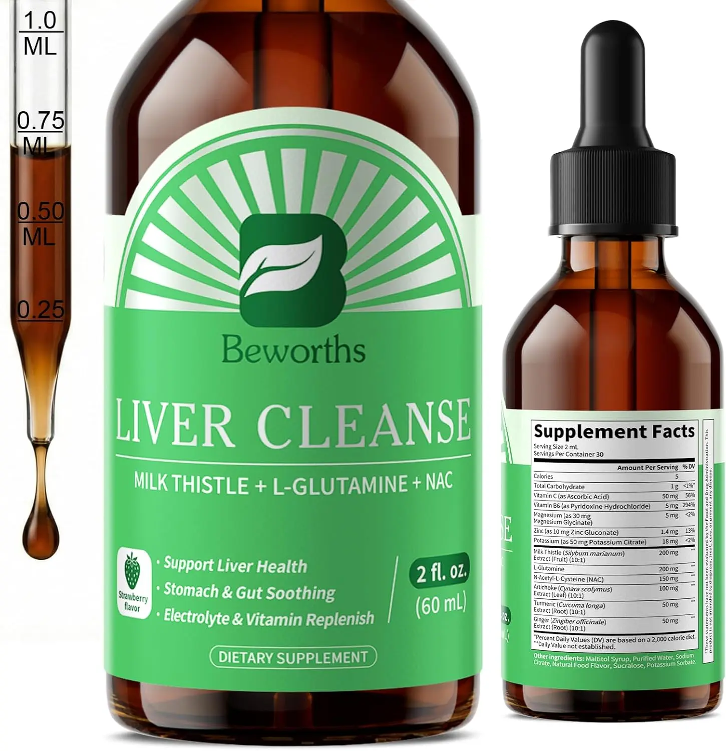 B BEWORTHS Liver Cleanse Detox & Repair - Liver Support Liquid Drops with Milk Thistle, L-Glutamine & NAC, Liver Support, Stomach & Gut Soothing, Electrolyte & Vitamin Replenish, Vegan, 2 Fl Oz