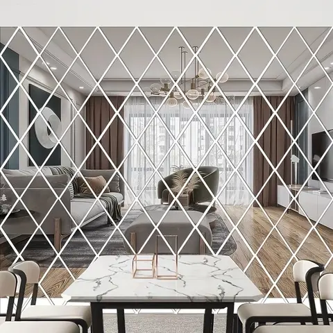 Silver three-dimensional acrylic mirror wall sticker, Modern wall sticker, wall decal, diamond self-adhesive wall decoration sticker, suitable for DIY decoration of home and office, living room wall decor, geometric design, Decoration Items