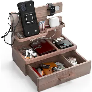 Wood Docking Station with Drawer Phone Nightstand Organizer Table Charging Dock Watch Charging Stand Wallet Gadget Device Bedside Holder Bedroom Desk Accessories