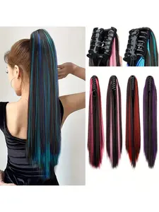 Highlight Clip-On Synthetic Ponytail Hair Extensions -24 inch Straight Multicolor Highlights Pre-Bleached for Everyday & Party Wear, Easy to Use Hair Accessory for Women
