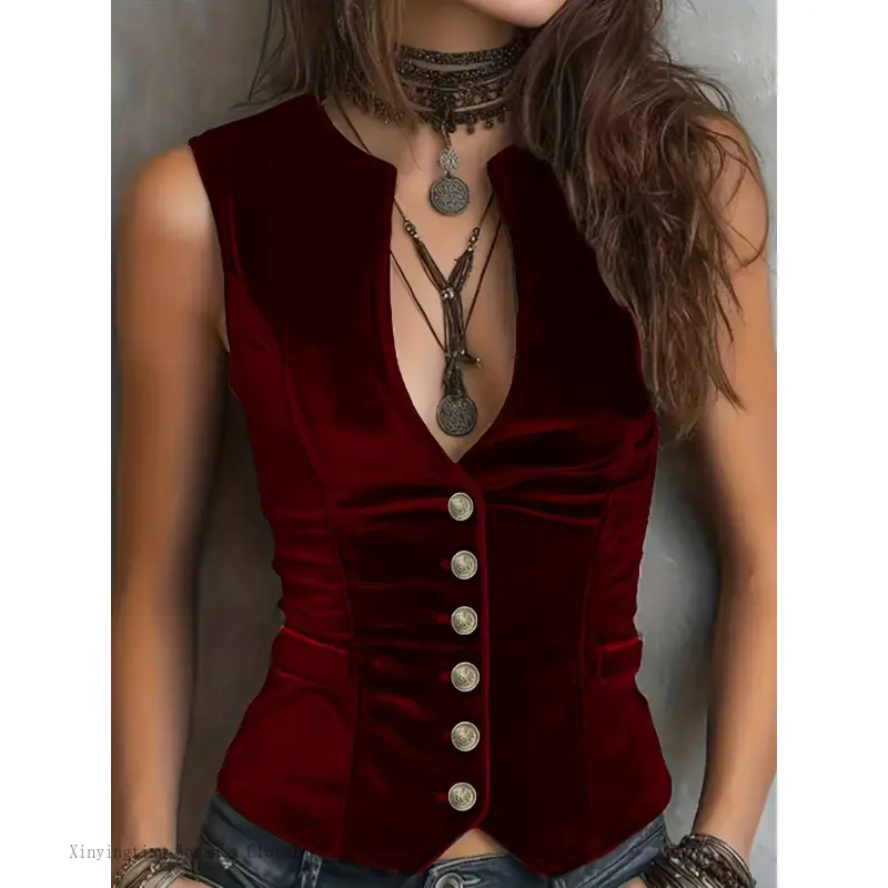 Chic Elegant Vest for Women, Solid Faux Velvet V-Neck Pullover Top with Collar, Retro Basic Sleeveless Knitted Style, Tops, Collared Neck, Knitting, Polyester